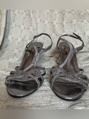 Touch of Nina Silver Glitter Strappy T‑Bar Heels